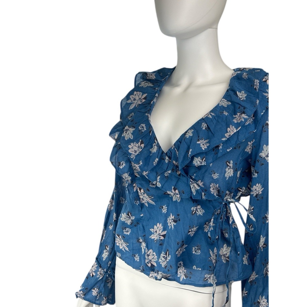 Free People Amanda Ruffle Detail Wrap-Style Blouse in Blue Floral XS‎